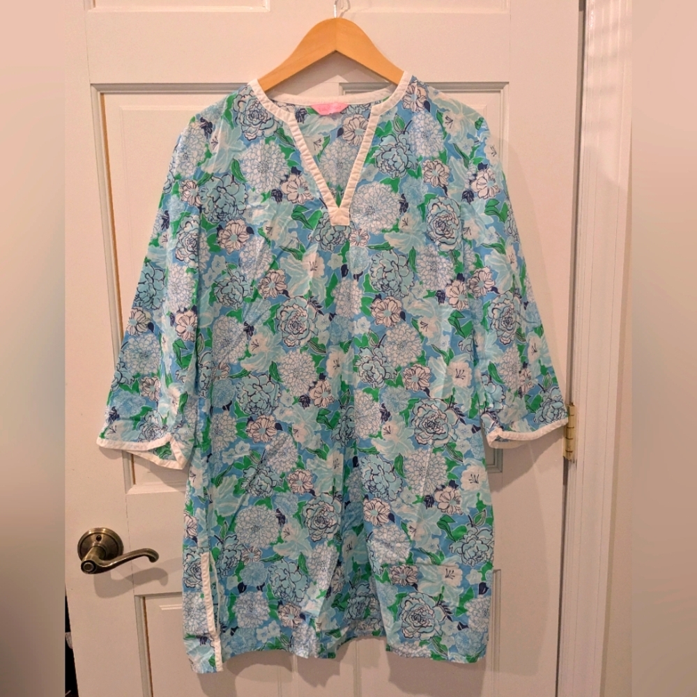 Lilly Pulitzer Cotton Tunic Dress Cover Up Blue Green White Trim Size S